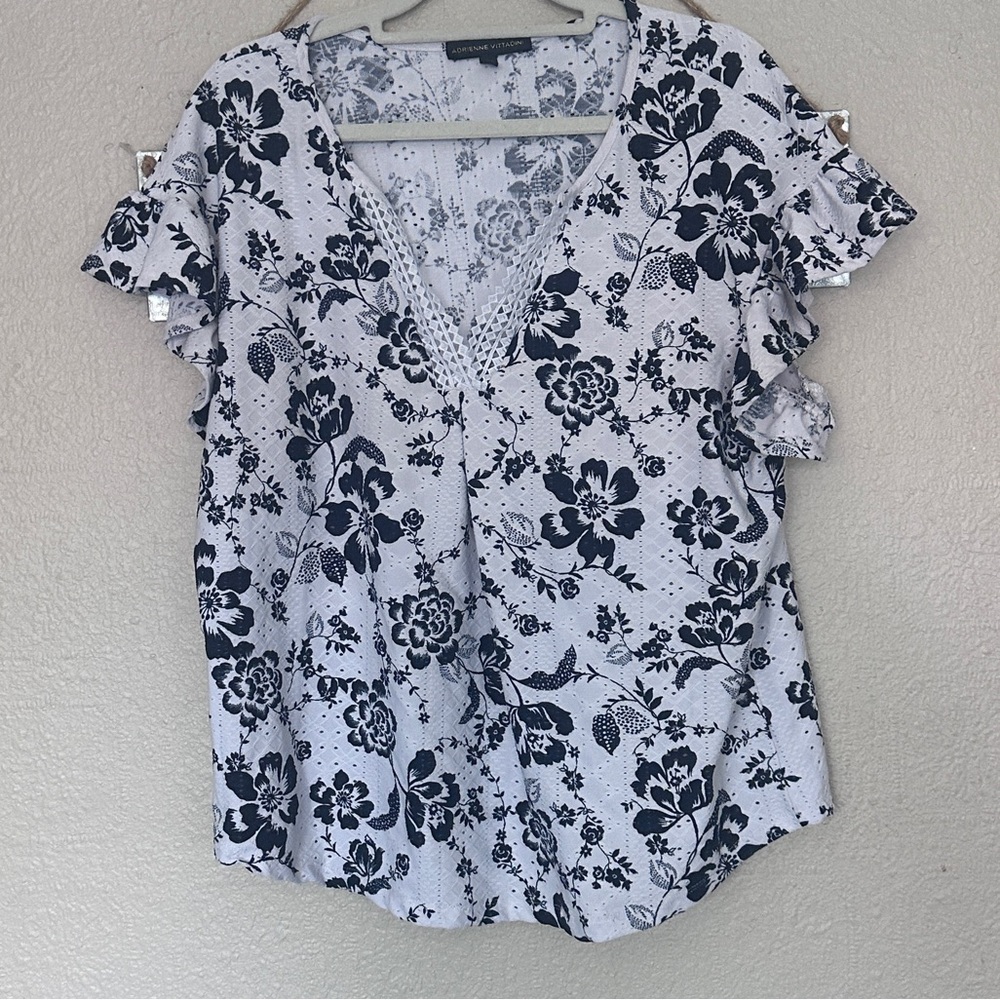 Adrienne Vittadini Floral Print V-Neck Top with Ruffle Sleeves